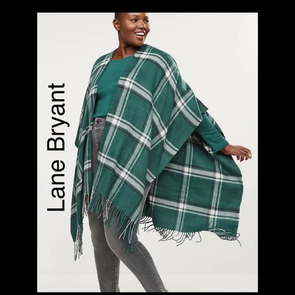 One Size Emerald Green Black Plaid Check Wrap Scarf Ruana Cover Up GREAT GIFT - Picture 3 of 5